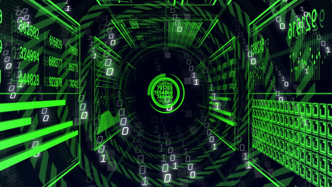 HUD panels sliding in, data tunnel advancing, binary digits cascading, readout cycling, scanning