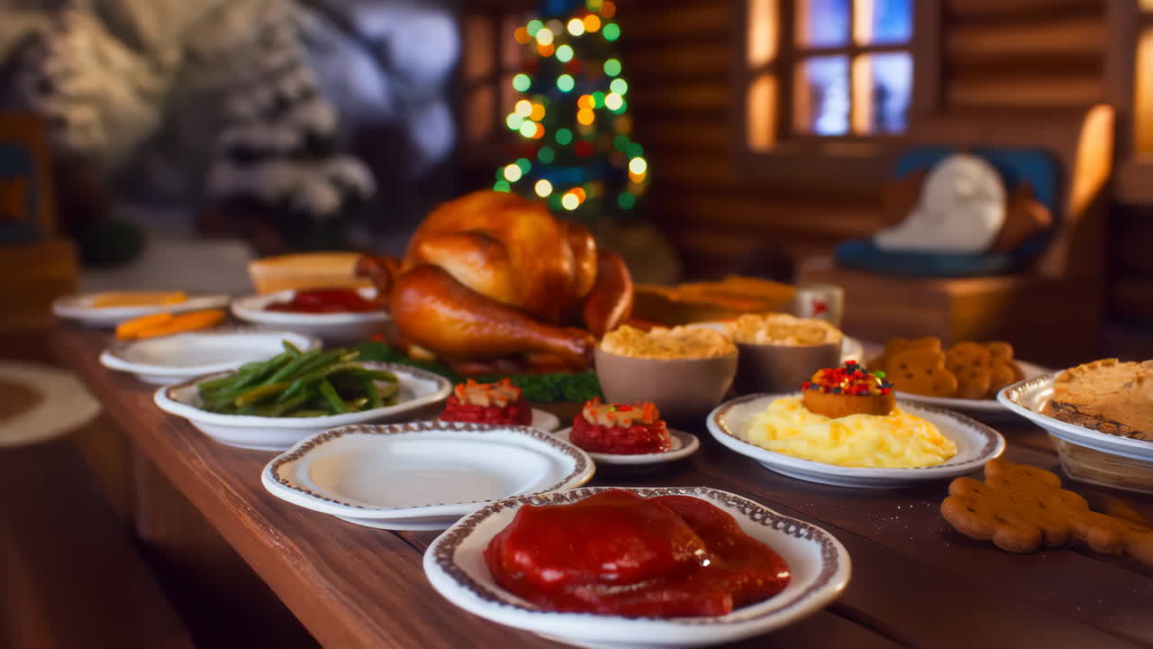 A Delicious Holiday Dinner Feast with Roasted Turkey and Festive Decorations