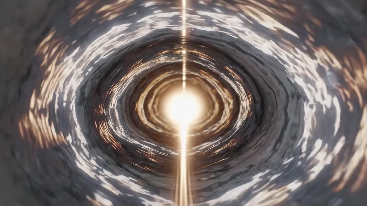 Futuristic video concept with a wormhole effect. Aerial view looking down a glowing tunnel