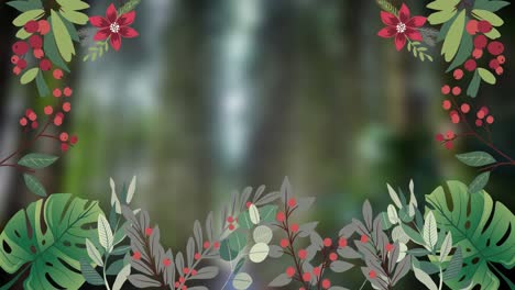 Animation-Von-Laub,-Beeren-Und-Blumen,-Die-Den-Kopierraum-Auf-Verschwommenem-Waldhintergrund-Einrahmen