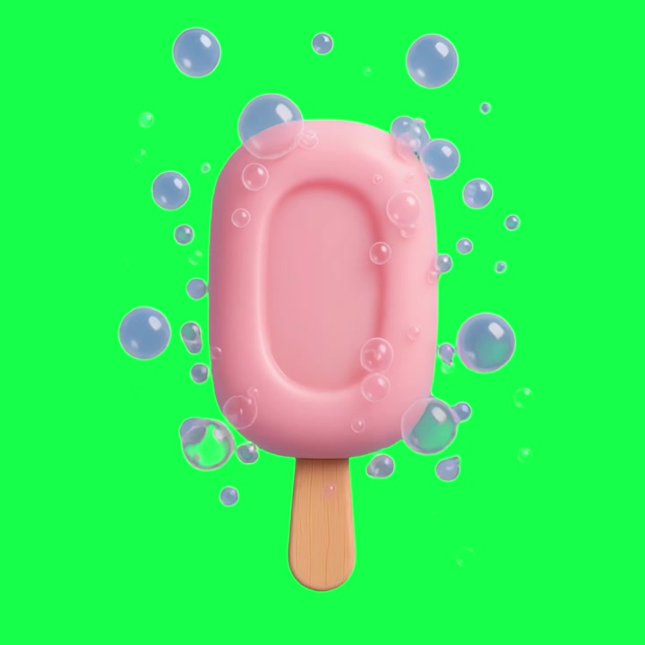 Ghiacciolo rosa animato con bolle fluttuanti su schermo verde