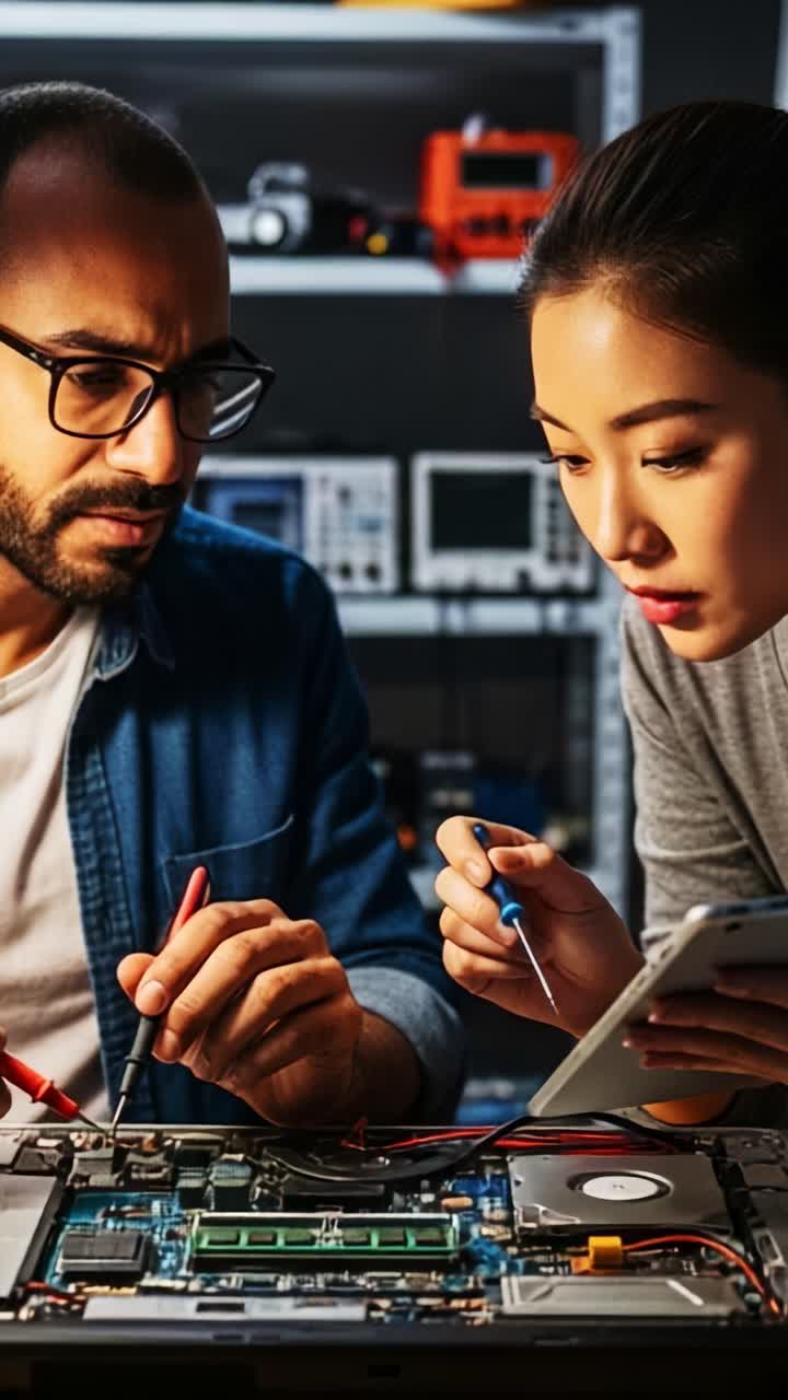 Collaboration in Electronics: Two Technicians Analyzing Circuit Boards and Components During a Hands-On Repair Project in a Tech Workshop Environment