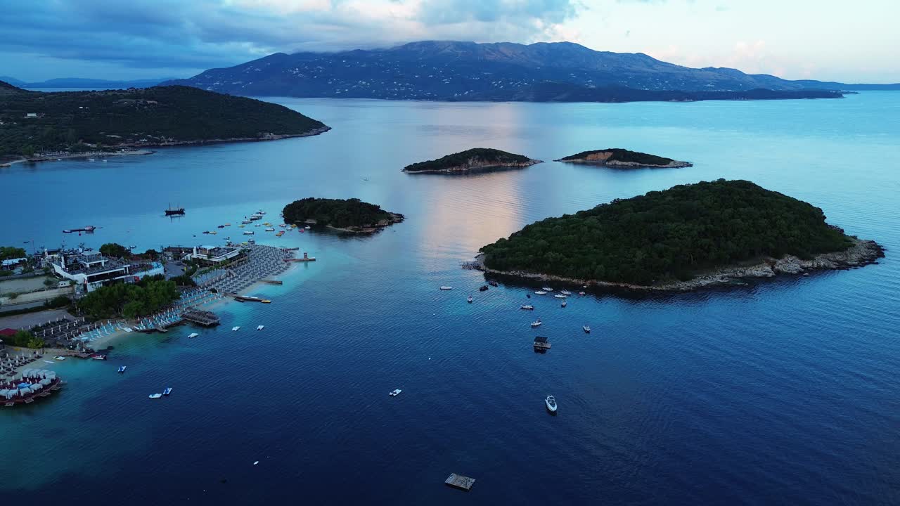 Ksamil sandy beach holiday summer destination Albania islands aerial drone view