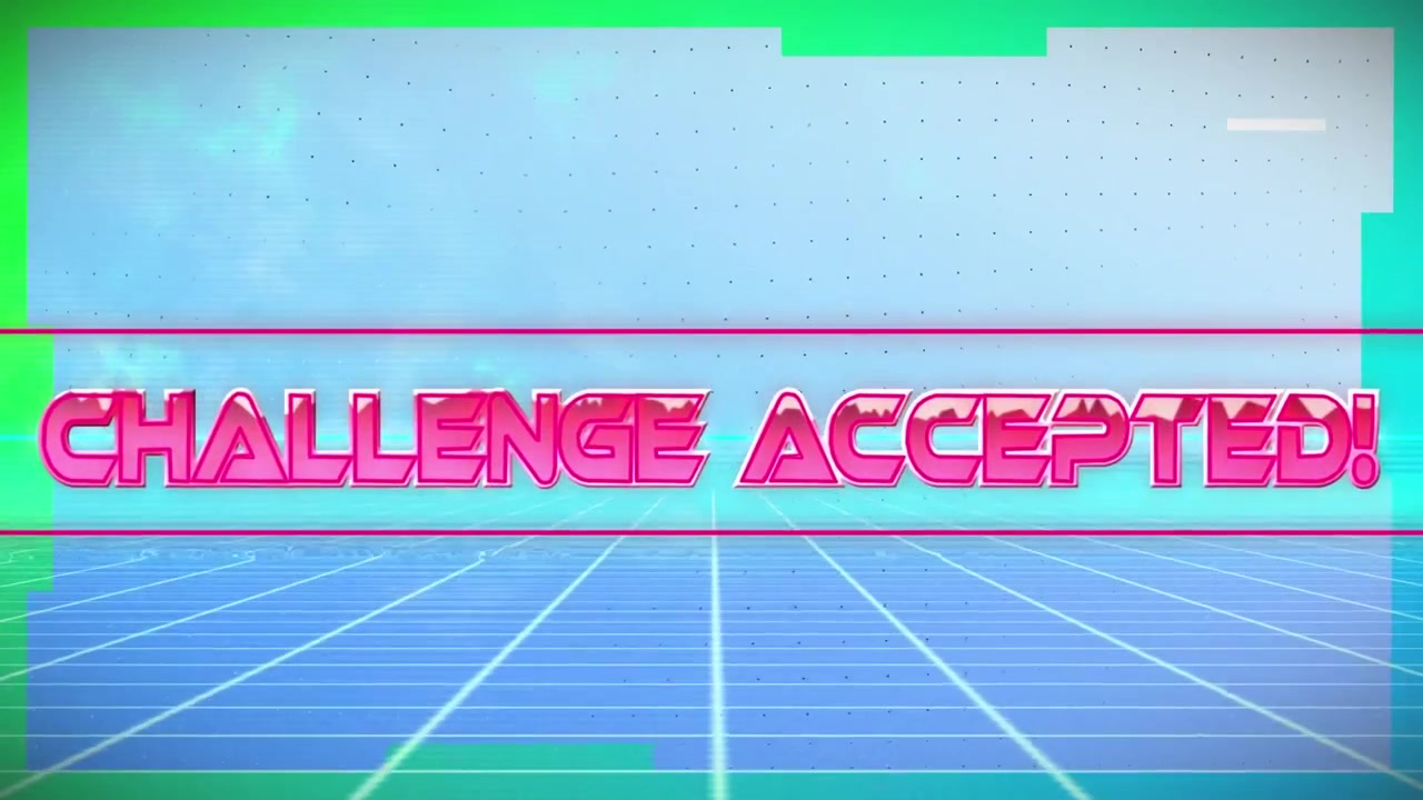 Animation of challenge accepted text in metallic pink over neon lines and metaverse grid