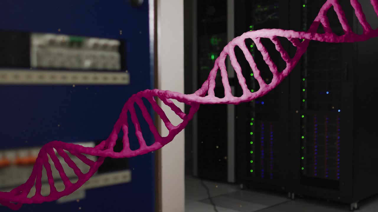 Animation of pink dna strand rotating over computer server room