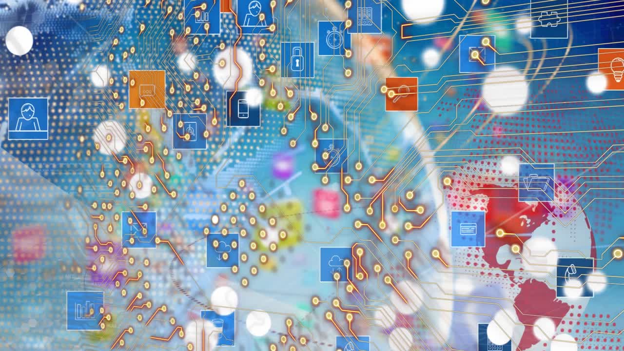 Animation of integrated circuit over tech icons, globe and blue background
