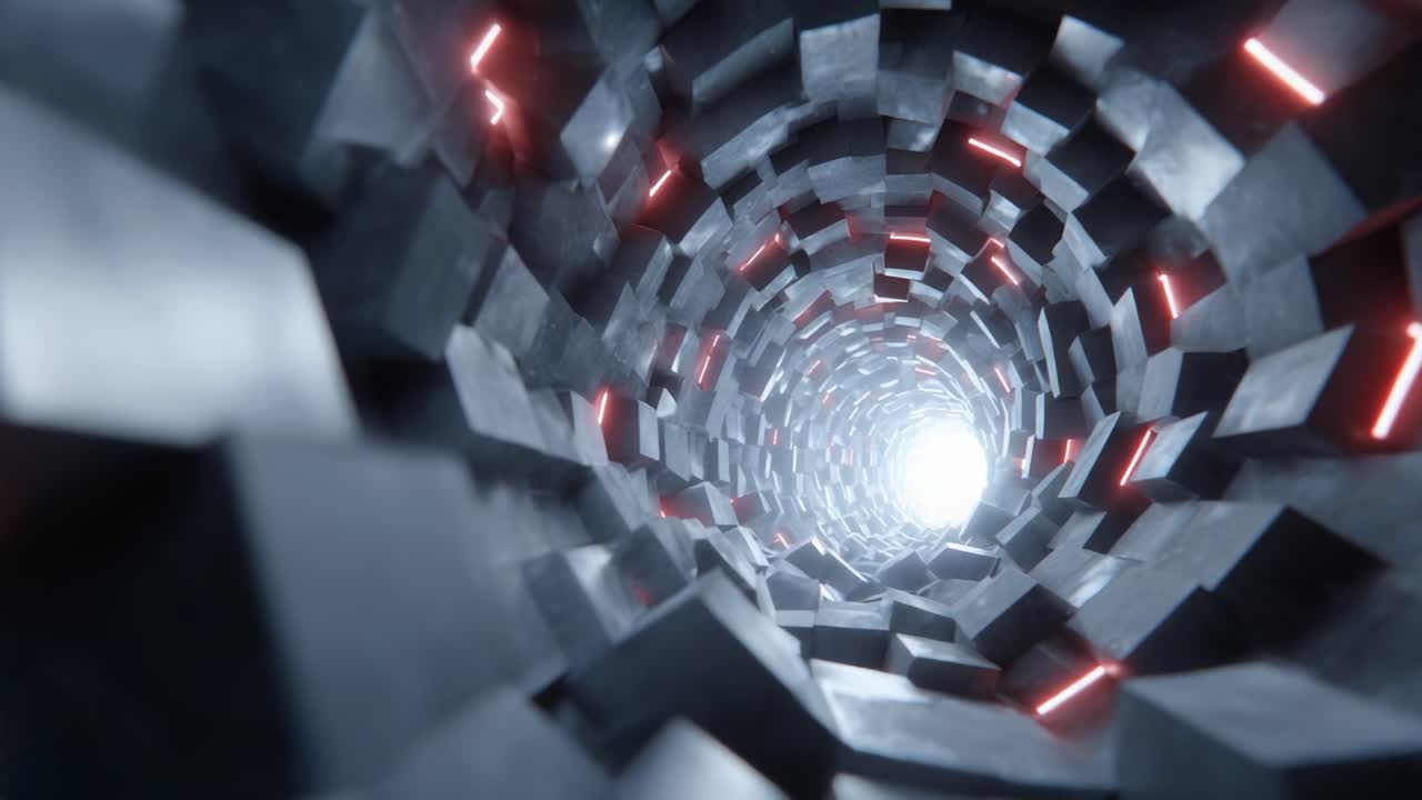 A Surreal Journey Through a Futuristic Tunnel: Exploring the Endless Depths of a Geometric Structure Illuminated by Radiant Red Lights