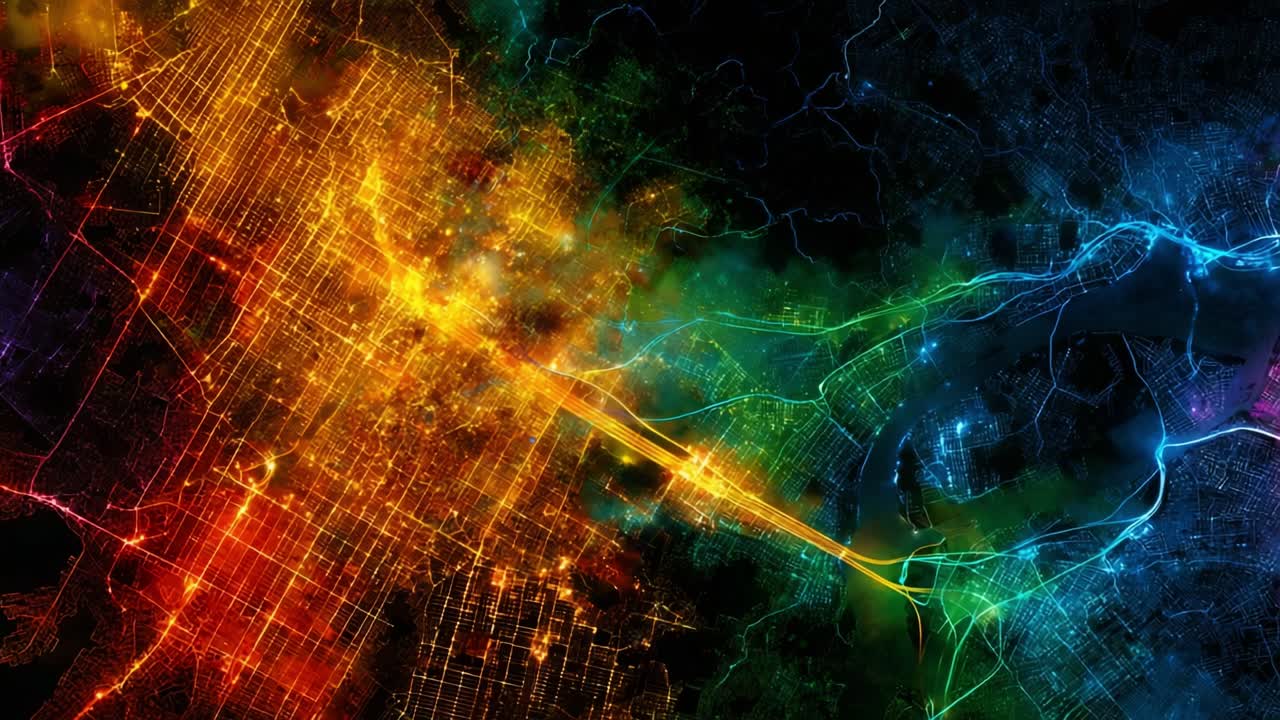 Vibrant Aerial View of Urban Cityscapes at Night Captured from Above, Showcasing Colorful Light Patterns and Infrastructure Connections Enhancing City Life