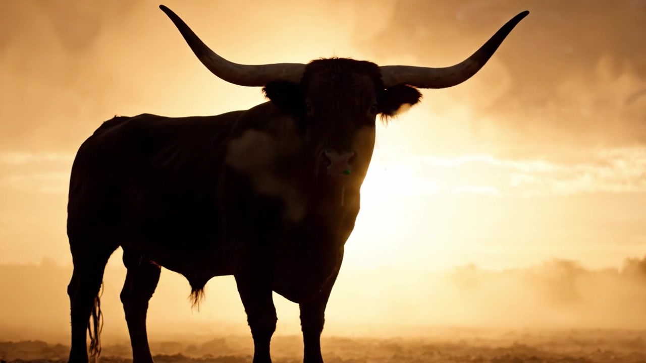 Maestosa silhouette di toro contro un tramonto mozzafiato, catturando la potenza e la bellezza della natura nell'ora d'oro