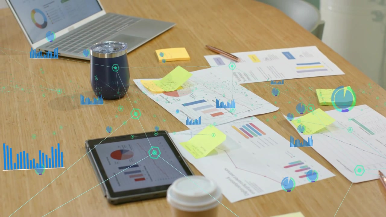 HUD appearing on tabletop, overlays emerging and linking charts as camera panning, showing data