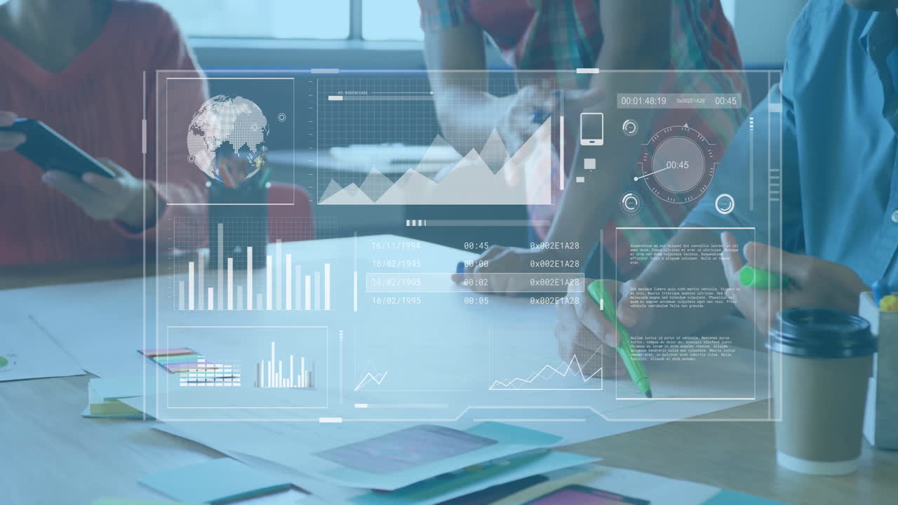 Collaborating at desk, people analyzing business data with animated visualizations