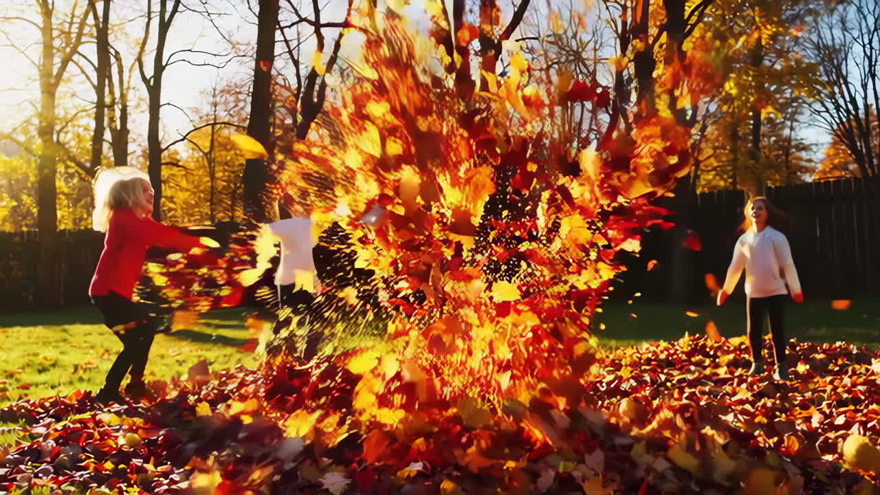 Children Playing in a Leaf Pile