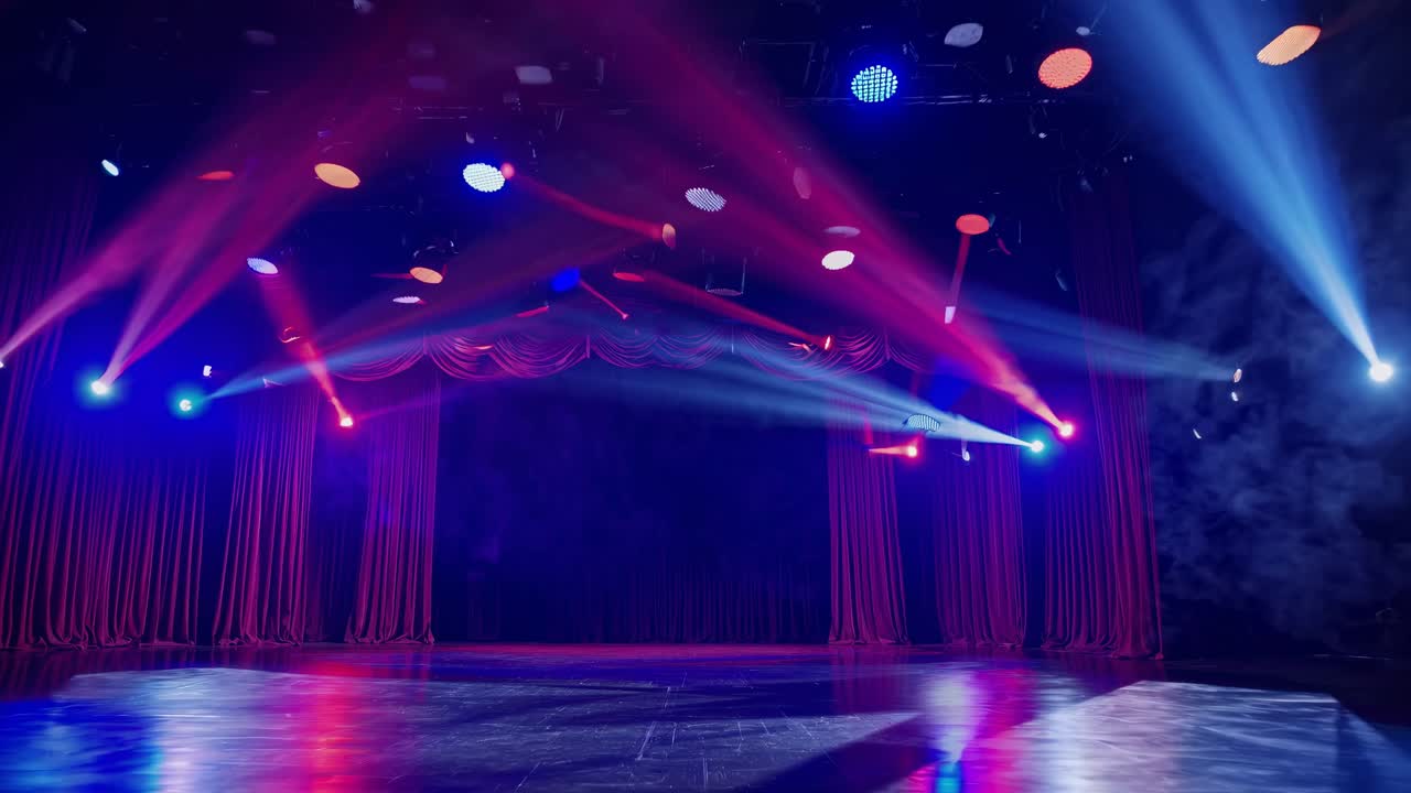 A dramatic stage with red curtains and spotlights from a low-angle view, creating a theatrical