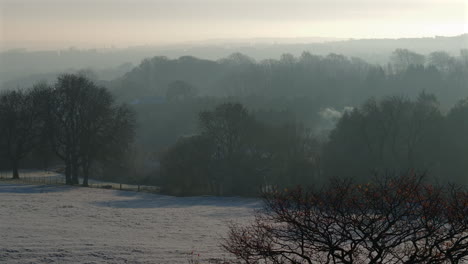 aerial drone shot with long lens on frosty morning of trees and frosted fields and mist