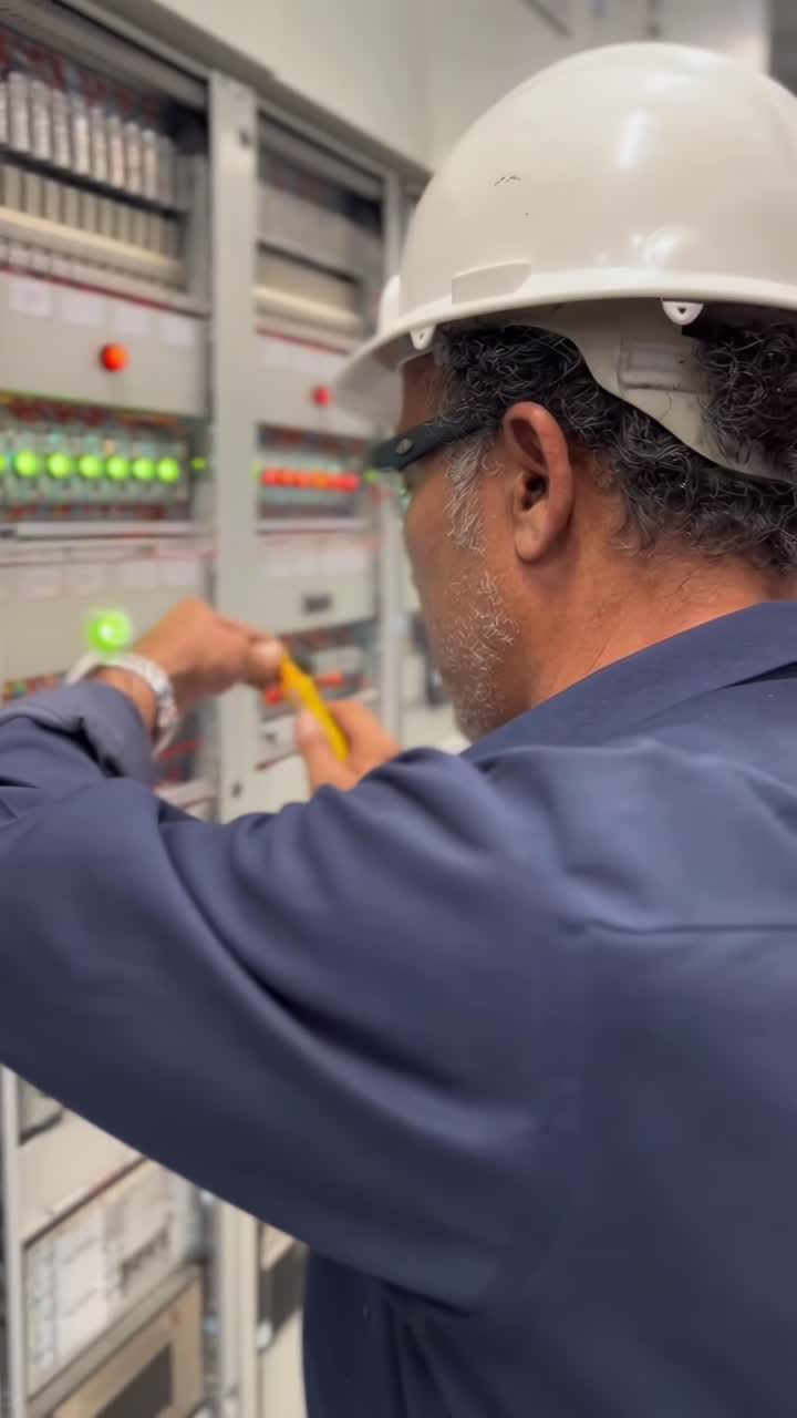 Side angle video of an engineer in a hard hat working on control panels in a facility