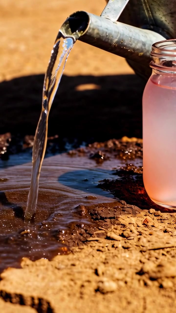 Valvola che gira fuori campo, beccuccio metallico che versa acqua, saturando il terreno accanto a un vaso rosa per l'irrigazione.