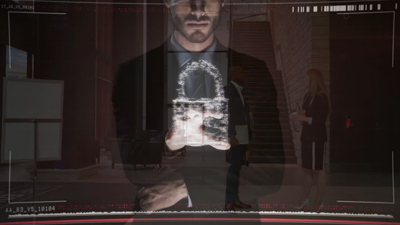 suited professional using virtual interface in lobby, showing holographic cybersecurity padlock