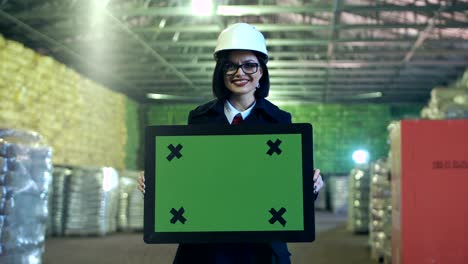 happy businesswoman with chromakey frame