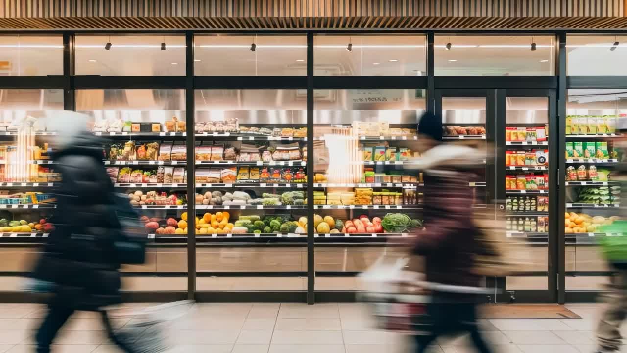 Wide-angle shot of a grocery store's produce section with motion blur of shoppers
