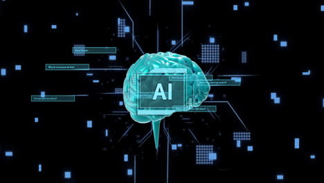 animación de texto ai, cerebro humano y procesamiento de datos digitales sobre fondo negro