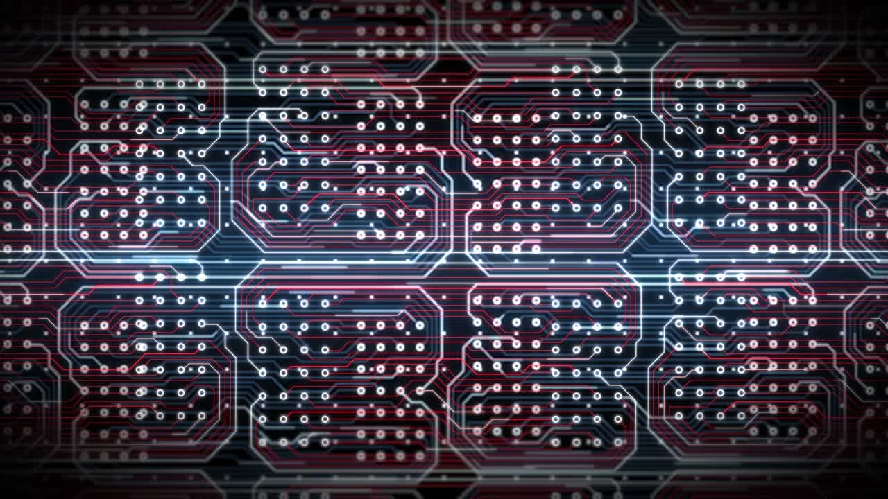 procesamiento de placas de circuitos coloridas fondo en bucle abstracto. animación de concepto de tecnología de servidor