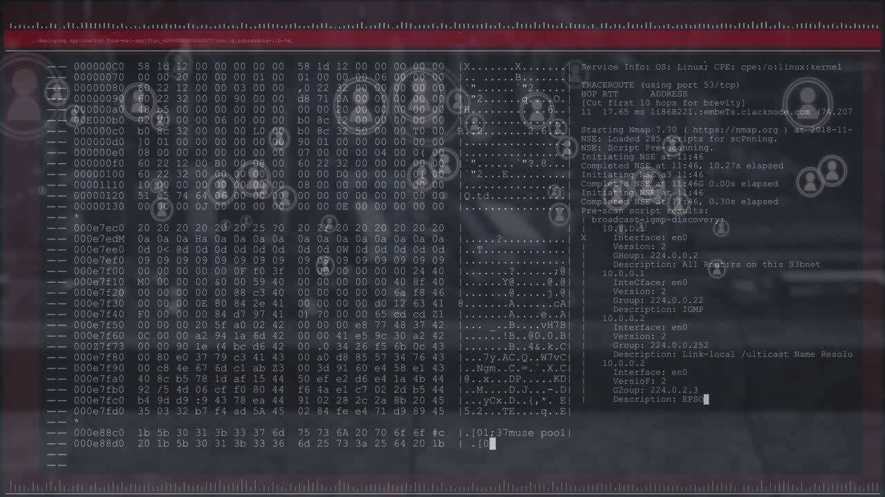 animación de procesamiento de datos e iconos de redes sociales sobre un fondo oscuro