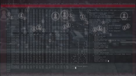 animation of data processing and social media icons over dark background