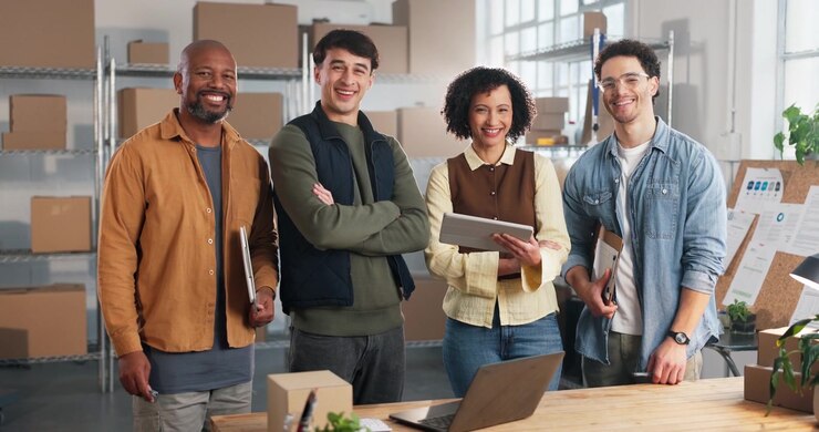 Diverse Team of Professionals Standing Together in a Warehouse Office