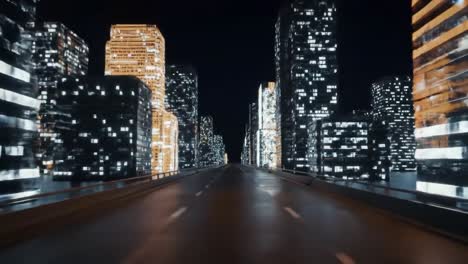a journey through a vibrant, nighttime cityscape with illuminated skyscrapers and an open highway ahead, showcasing urban architecture and urban life