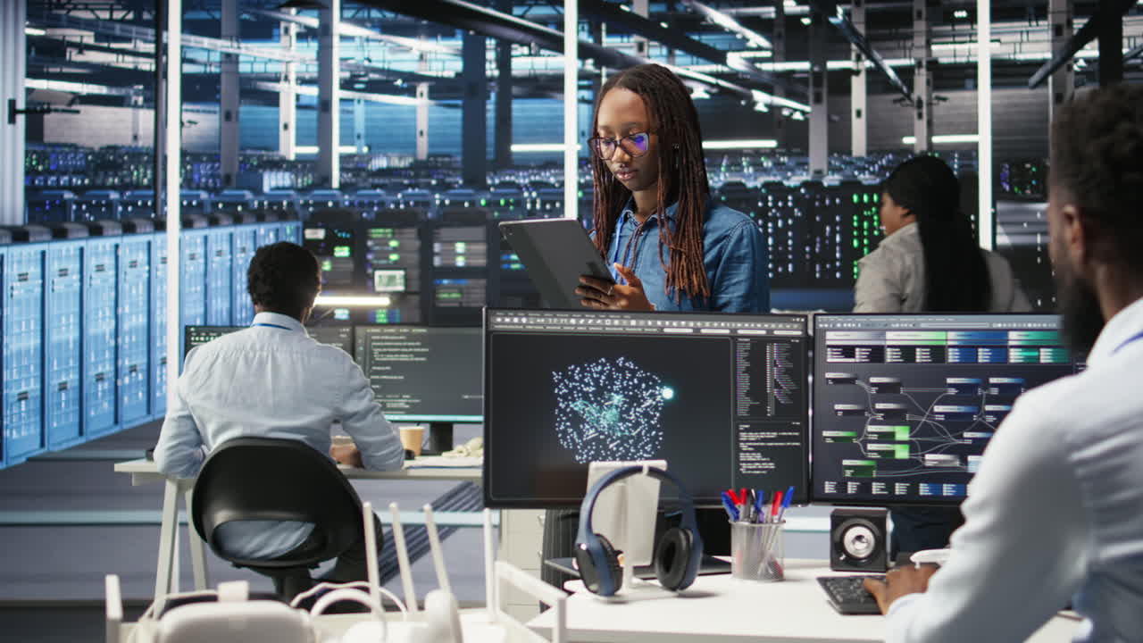 Portrait of upbeat server hub software developer using node tree software