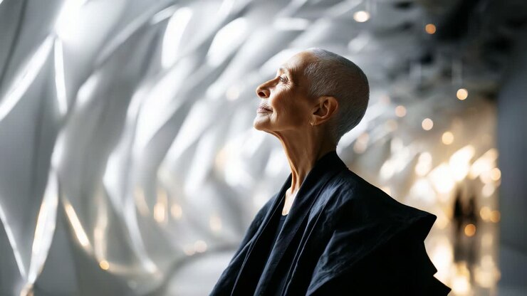 A Thoughtful Moment: An Individual Gazes Upward in a Modern Architectural Setting, Surrounded by Flowing Light and Shadows, Capturing the Essence of Contemplation and Serenity