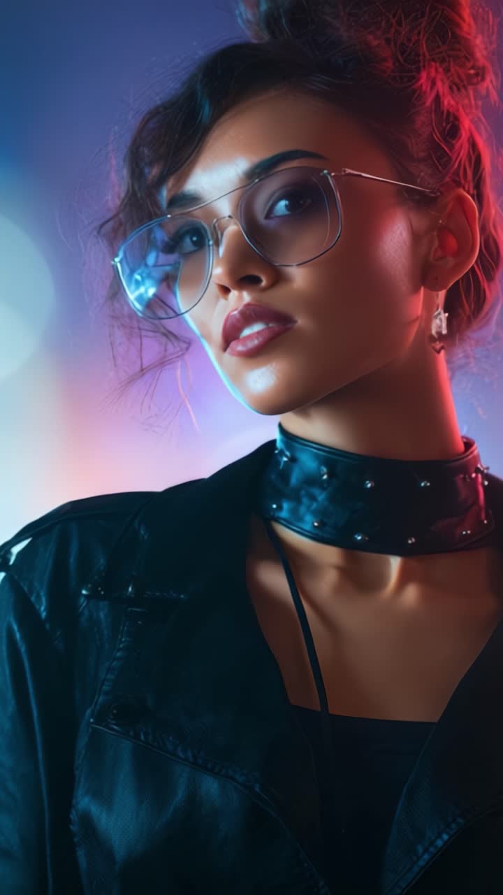 Ritratto elegante di una giovane donna sicura di sé che indossa accessori chic, che mostra le tendenze della moda moderna con illuminazione unica e colori vivaci in un ambiente contemporaneo
