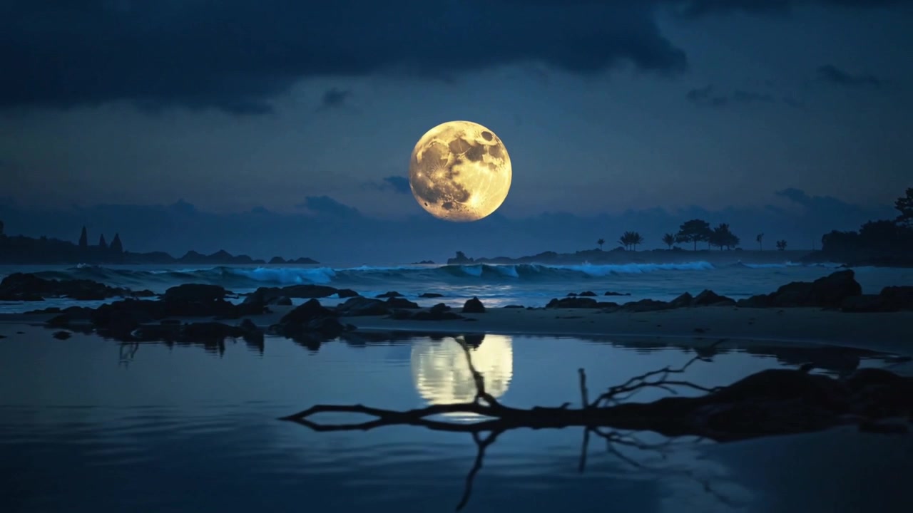 Reflexo ondulante da lua cheia reagindo às ondas crescentes na margem de uma poça de maré com um galho à deriva.