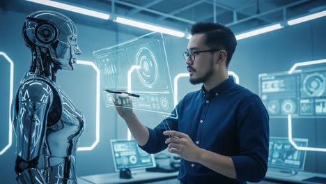 a dedicated engineer interacting with a futuristic robot using transparent technology in a modern workspace, emphasizing innovation and collaboration in robotics design