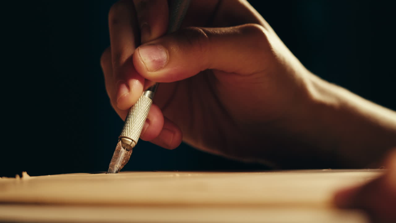 primer plano de un artesano tallando madera con un cuchillo utilitario