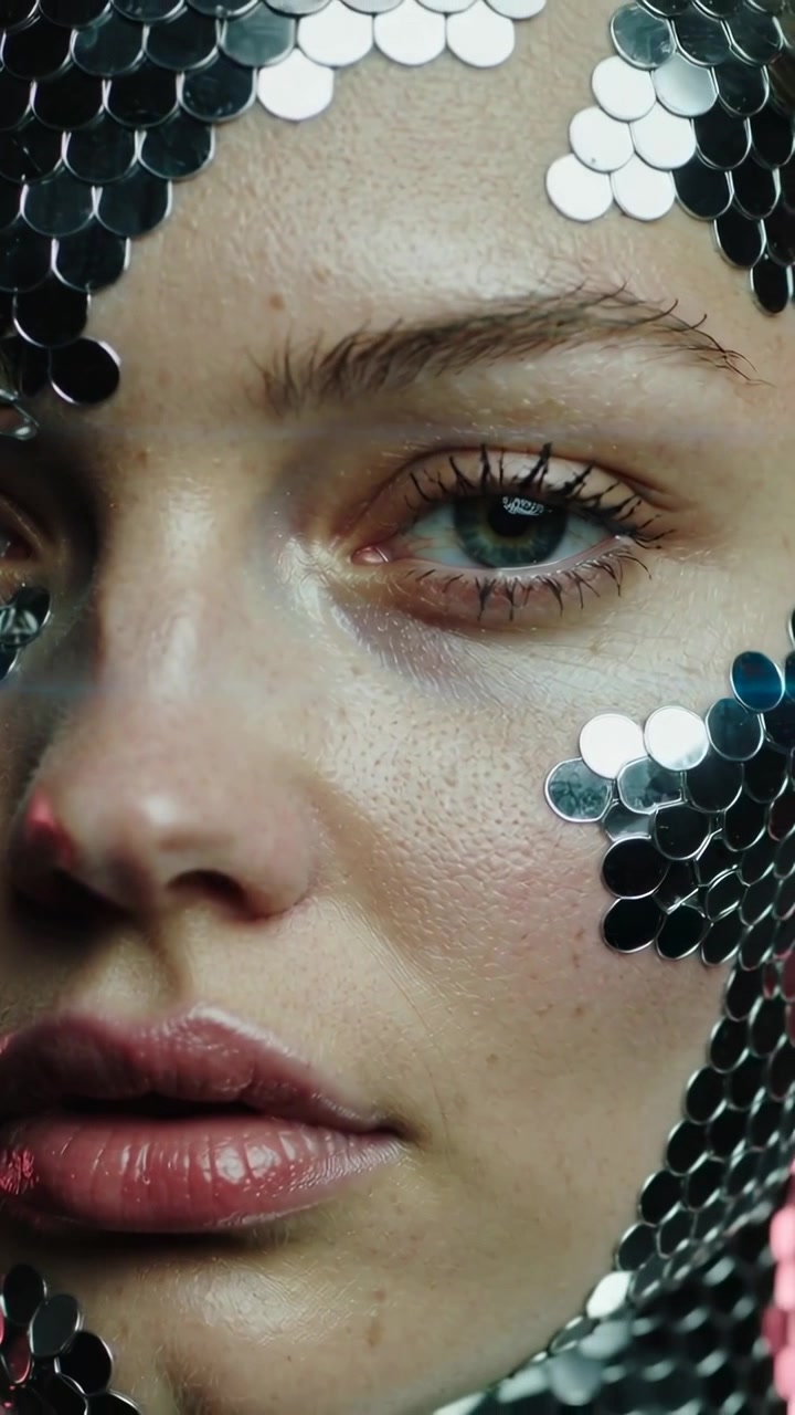 Video verticale: Telecamera che si sposta, volto di modella che si gira in studio, rivelando paillettes e lucidalabbra.