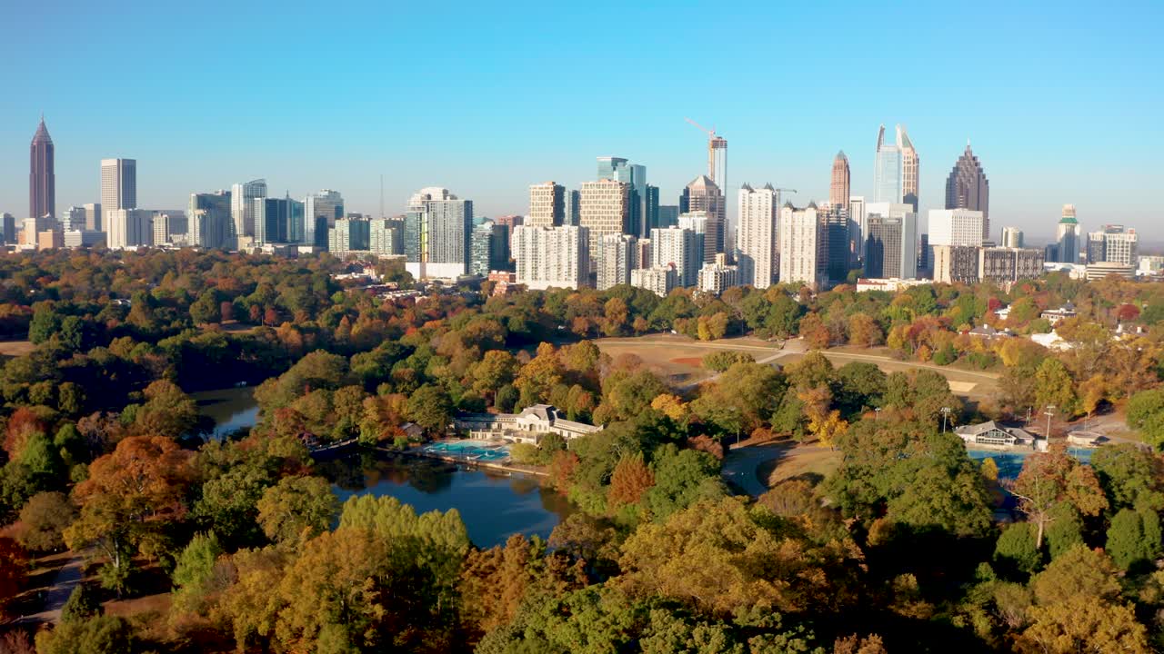 Circling around and down over Piedmont Park and Atlanta Georgia in the Fall