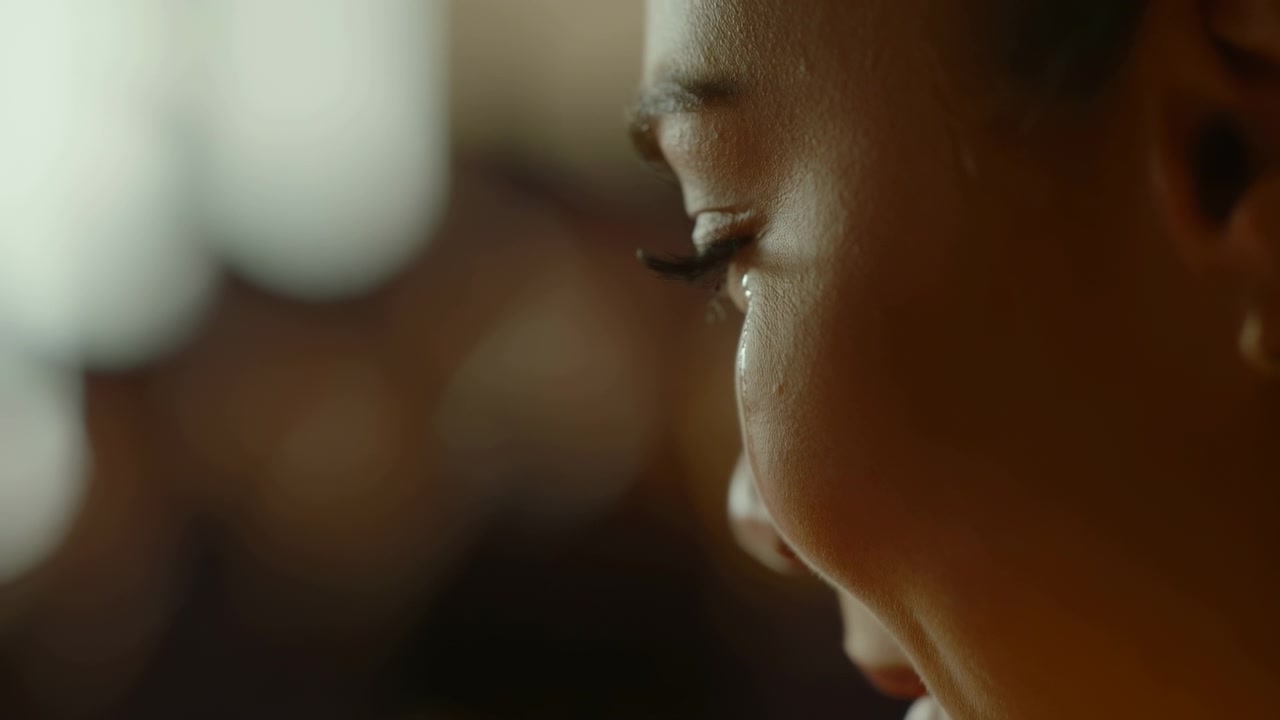 Um close-up mostra o perfil de uma mulher com uma lágrima visível na sua bochecha.