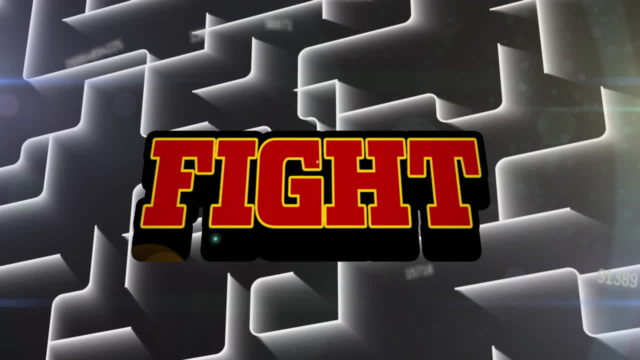 검은색 배경의  ⁇ 색 모양 위에 싸움 텍스트와 데이터 처리의 애니메이션