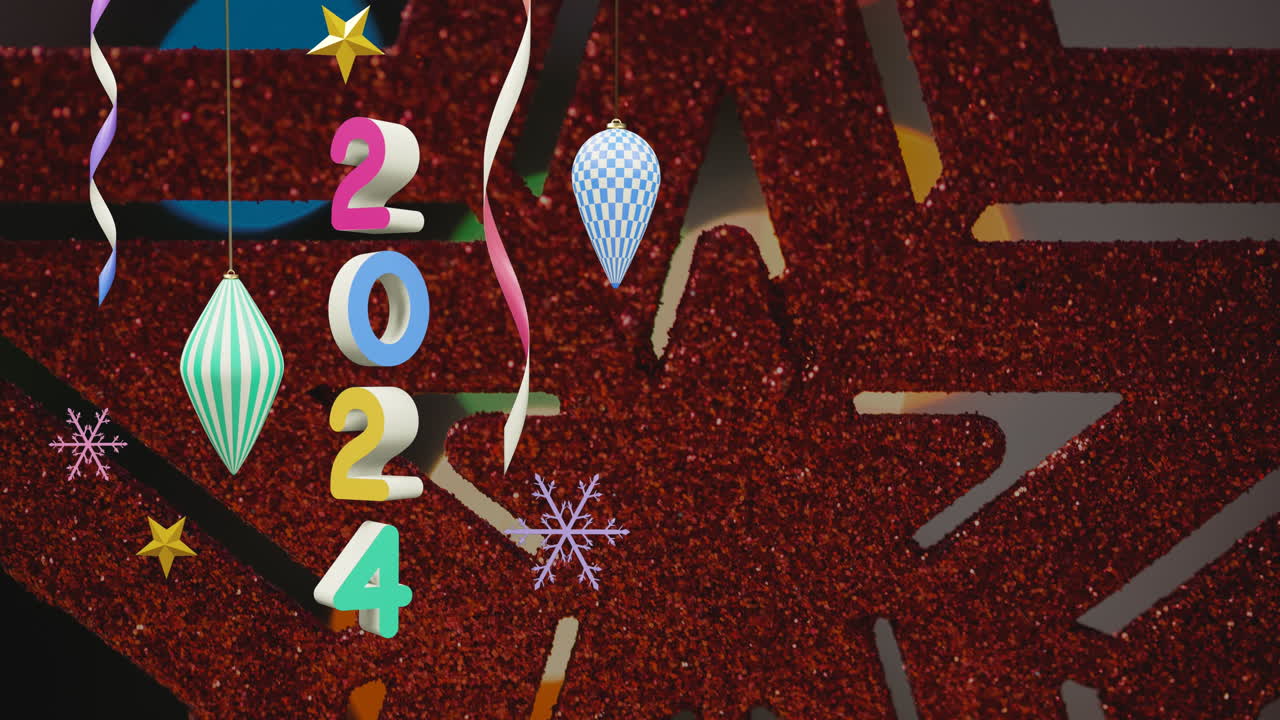 animación del texto de 2024 y decoraciones navideñas en el fondo
