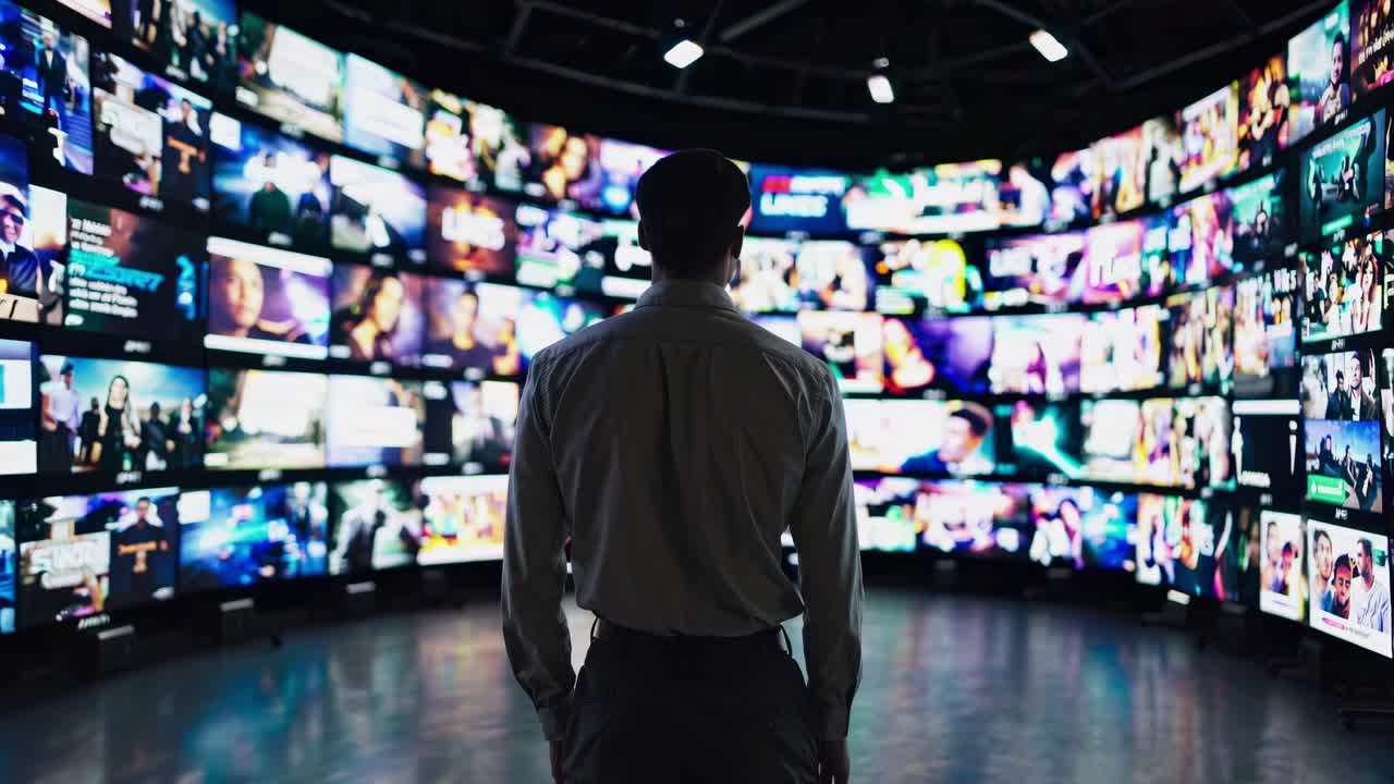 어두운 전문 공간에서 다중 디지털 화면을 분석하는 사업가, 멀티미디어 콘텐츠와 시각 정보 스트림에 참여