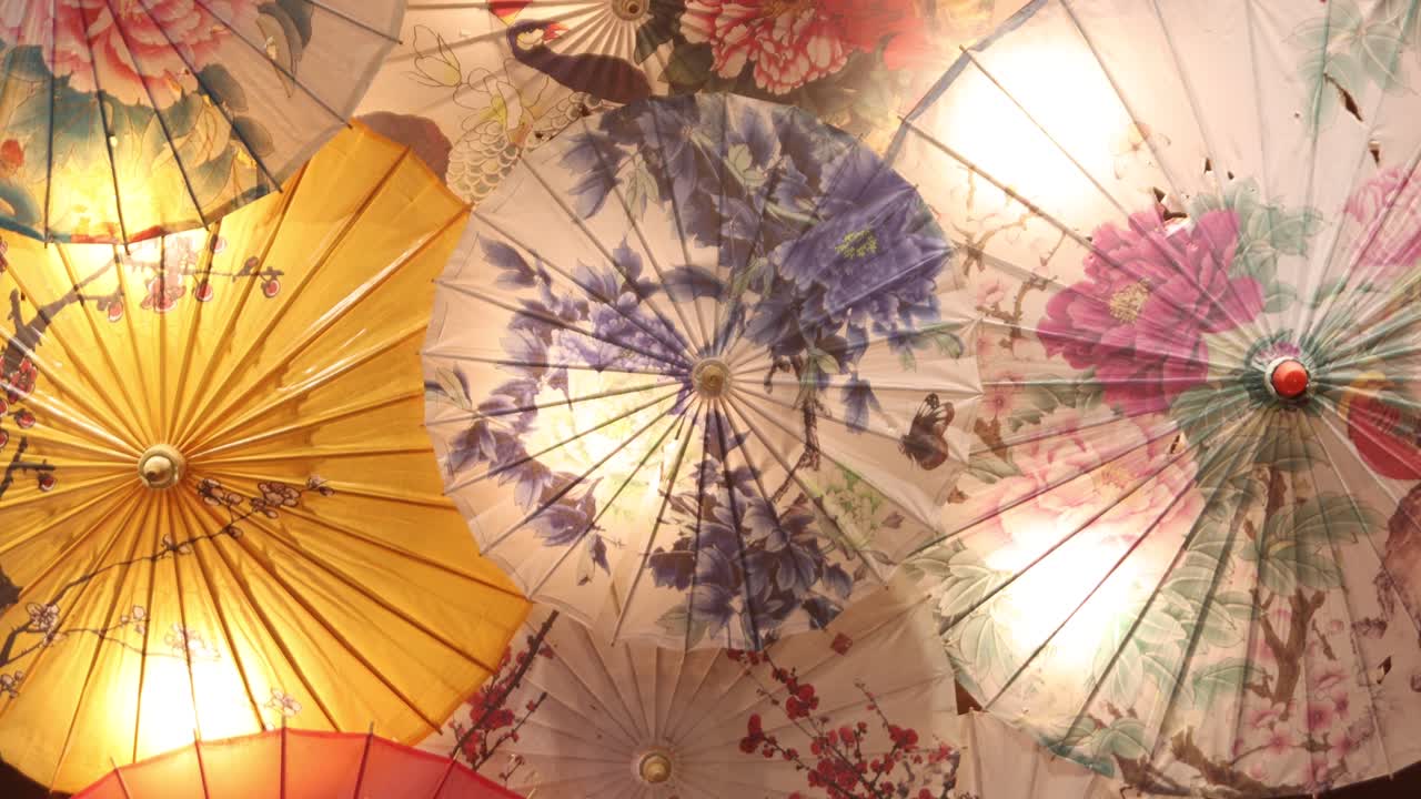 Colorful traditional umbrellas at a night market in Chengdu, China