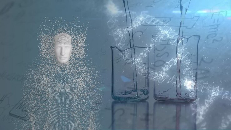 Animazione di modello umano che cammina e cellule Covid che fluttuano su schermo blu