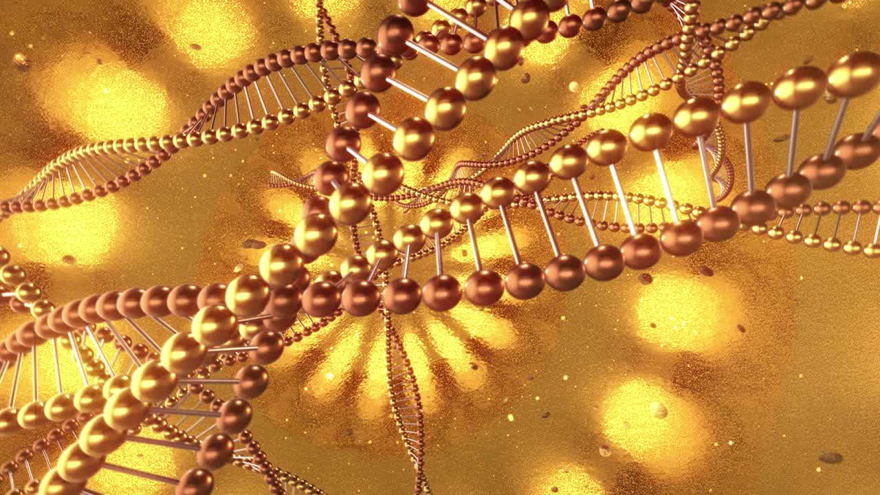 dna 분자의 소용돌이와 함께 황금 기하학적 배경 3d 렌더링 루프 4k