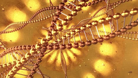 fondo geométrico dorado con remolinos de moléculas de adn. bucle de renderización 3d 4k