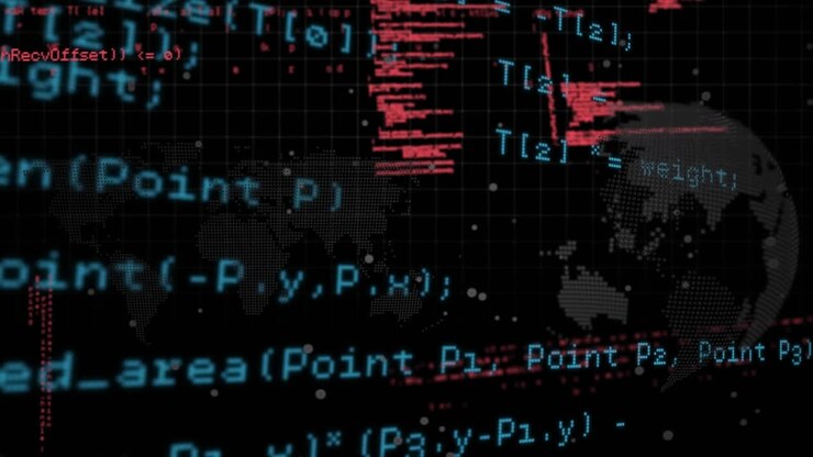 Animation of data processing over spinning globe and world map against black background