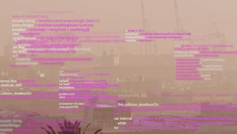 Animation-Einer-Sich-Wiederholenden-Computersprache-über-Einer-Nebelverhangenen-Modernen-Stadtlandschaft-Vor-Dem-Himmel