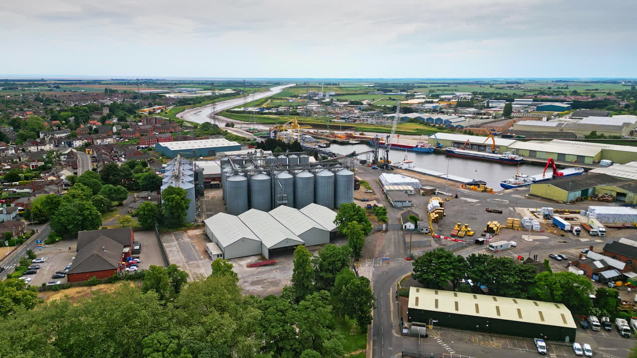 Breathtaking aerial drone footage displays Boston, Lincolnshire: Port, ships, Saint Botolph Church , Saint Botolph&rsquo;s Bridge