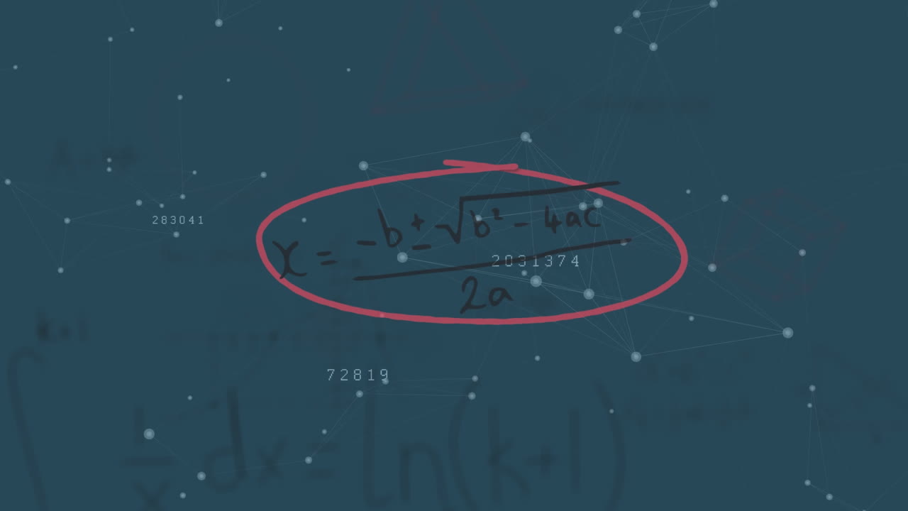 Animation of mathematical equations and data processing over black background