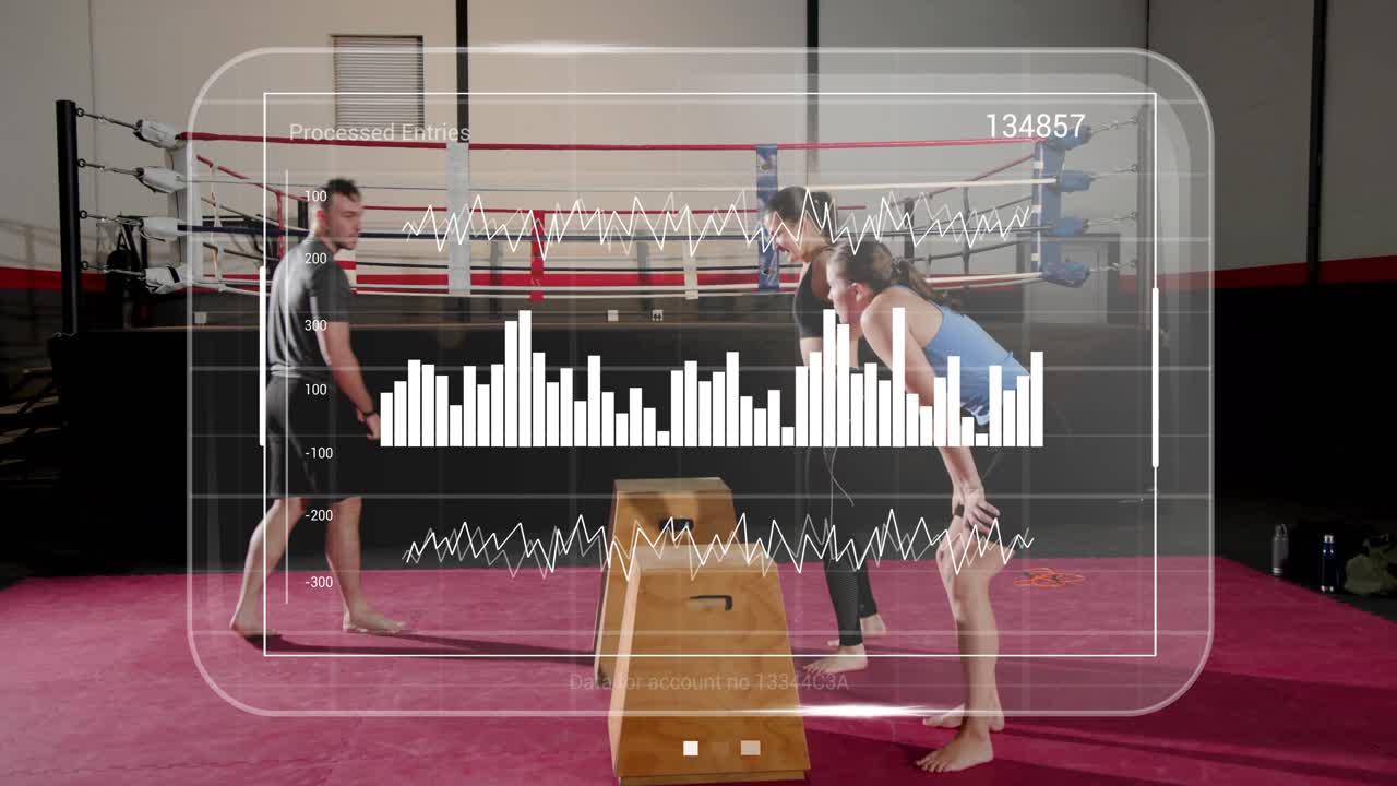 Two women starting box jumps in boxing gym, coach entering monitoring, overlay tracking charts